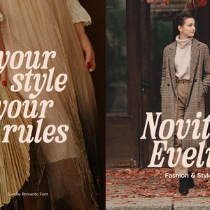 May include: A woman wearing a brown and white checked coat stands in front of a door with a leafy vine. The text "Novita Evelin" is written in a pink font with the words "Fashion & Style" below.