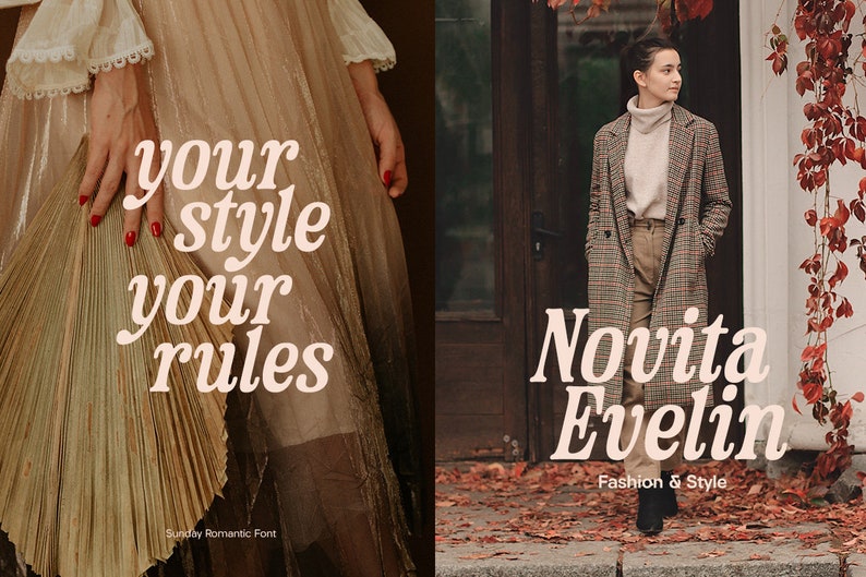 May include: A woman wearing a brown and white checked coat stands in front of a door with a leafy vine. The text "Novita Evelin" is written in a pink font with the words "Fashion & Style" below.