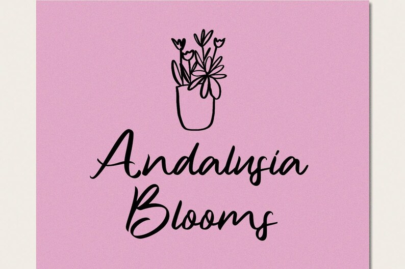 May include: A pink background with a black line drawing of a potted plant with flowers and the text "Andalusia Blooms" in a cursive font.
