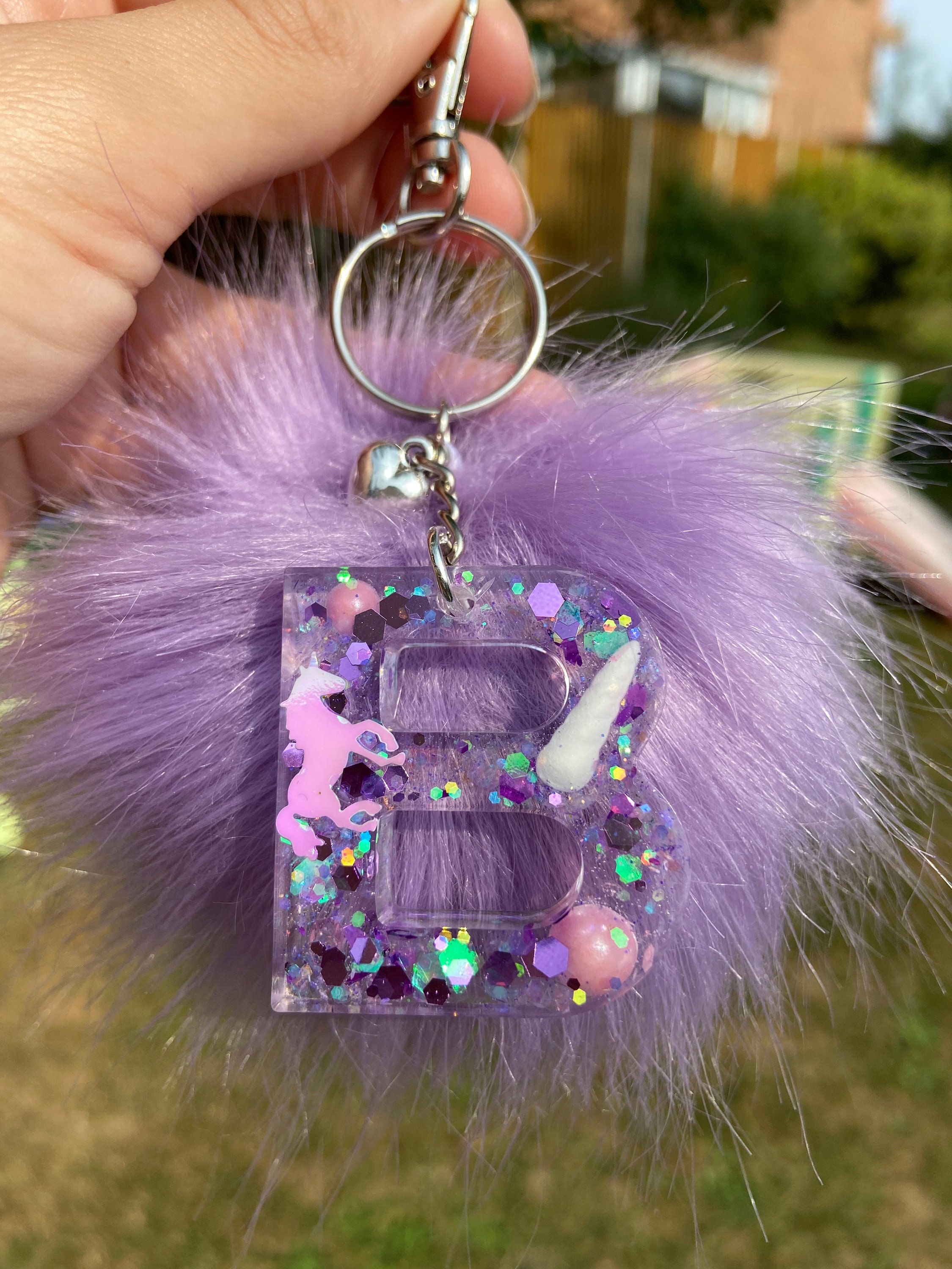 Personalised unicorn keyring resin initial with Pom Pom | Etsy