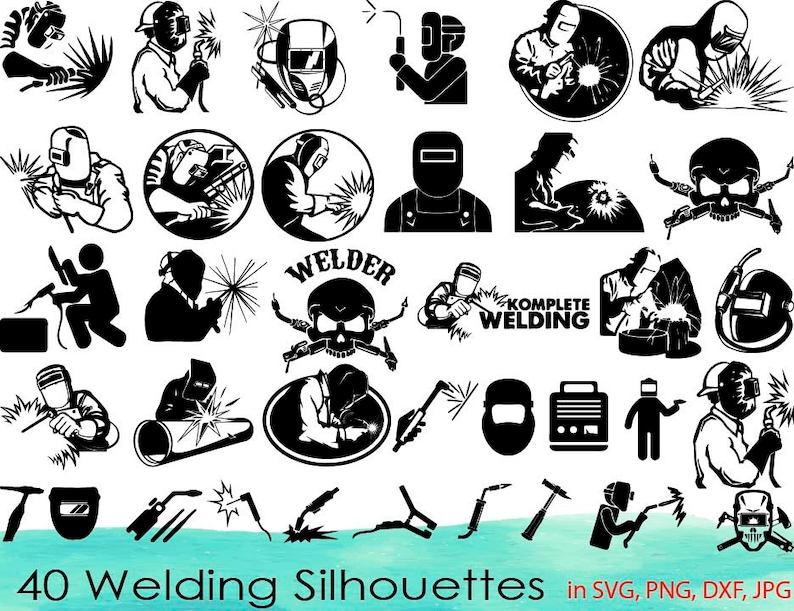 May include: A set of 40 black and white welding silhouette illustrations. The illustrations include welders, welding equipment, and welding symbols. The text "40 Welding Silhouettes" and "in SVG, PNG, DXF, JPG" is at the bottom of the image.
