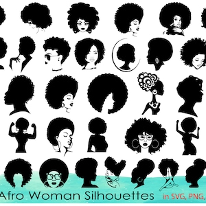May include: A set of 35 black and white silhouette images of women with afro hairstyles. The images are in various poses and expressions.