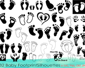 May include: A set of 32 black and white baby footprint silhouettes. The footprints are in various styles, including single footprints, pairs of footprints, and footprints with hearts. The text "Mini ME", "On Board", and "Baby on Board" are included in the image.