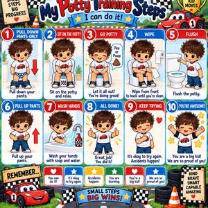 May include: A colorful educational poster titled My Potty Training Steps featuring ten numbered panels with illustrations of a child demonstrating steps like pulling down pants, sitting, wiping, flushing, and washing hands, with race car motifs.