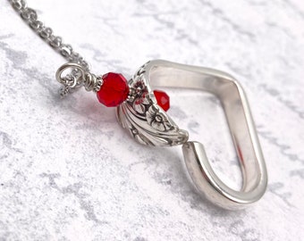 Heart Silverware Necklace, Evening Star 1950 Vintage Spoon Jewelry, Valentines Gift, Red Crystal Embellishment