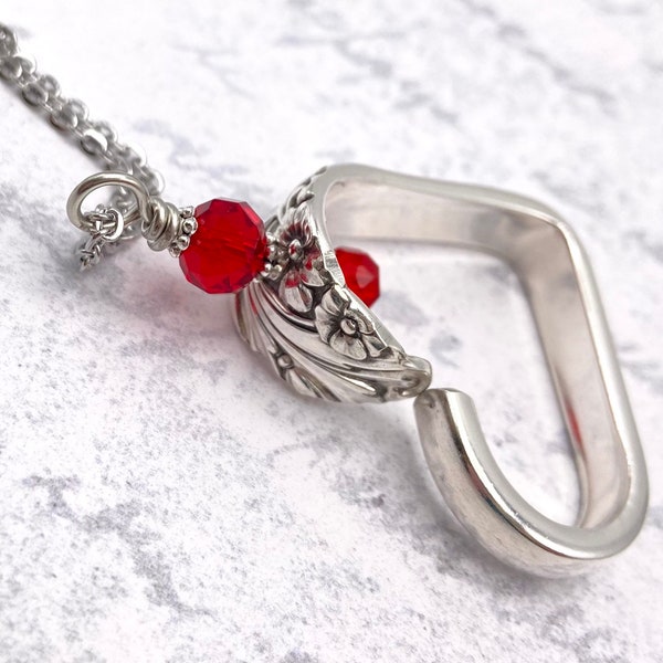 Heart Silverware Necklace, Evening Star 1950 Vintage Spoon Jewelry, Valentines Gift, Red Crystal Embellishment