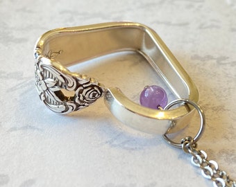 Heart Silverware Necklace, Vintage 1951 Distinction Spoon Jewelry, Valentine’s Day Gift, Purple Stone Embellishment