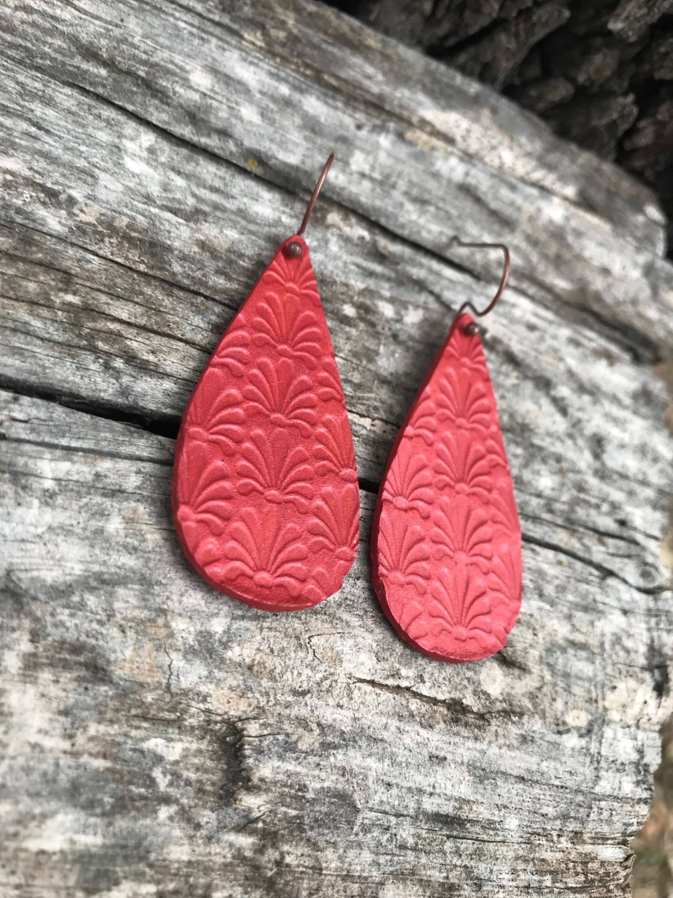 Handmade Leather Earrings Metallic Red Teardrops Etsy