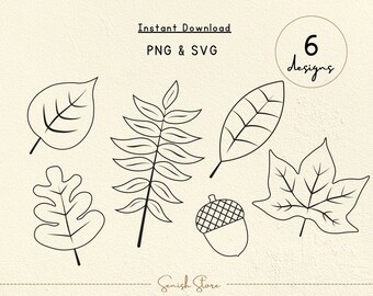 6 Leaf Outline Designs Svg & Png | Fall Leaf Bundle | Autumn Clipart | Acorns | Cut files for Cricut Silhouette | Halloween, Autumn Cut File