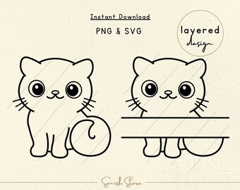 Cute Cat Outline Svg & Png | Kawaii Cat Outline | Cat Face Svg | Kİtten Split, Frame, Monogram Svg | Pet Cat Face|Cut File Cricut,Silhouette