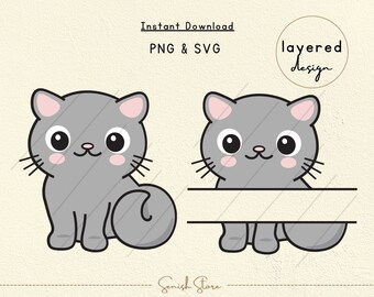 Cute Gray Cat Layered Svg & Png | Kİtten Split, Frame, Monogram Svg | Kawaii Cat Face |Kids Shirt| Funny Animal, Pet Cut File| Baby Cat Head
