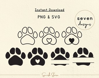 7 Dog Paw Designs Svg & Png | Dogs Name Split Svg | Heart Paw Claw Print | Cat,Animal,Pet Paw | Monogram Svg |Cut file for Cricut,Silhouette