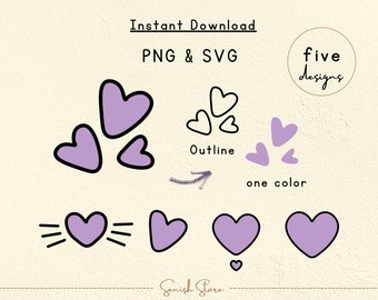 5 Heart Design Svg & Png | Doodle Heart | Simple Minimal Heats | Handdrawn Valentine Heart | Outline Heart | Cut file for Cricut,Silhouette