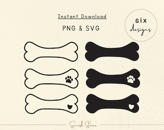 6 Dog Bone Designs Svg & Png | Dog Bone with Heart | Dow Paw | Printable Dog Bone Clip Art | Dog Bone Outline|Cut file for Cricut Silhouette