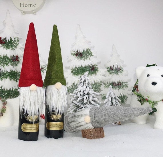 Christmas Gnome Champagne Wine Bottles Cover Sleeve Dining Party Bag Hat