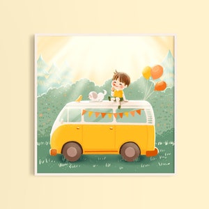 Camper Van Art Print, Regalo para los amantes de la furgoneta Camper, Ilustración de los niños, Decoración de la habitación de los niños, Decoración de la guardería, Arte de la pared