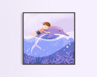 Boy Riding Dolphin Art Print, Under The Sea illustration, Children's Room Decor, Nursery Decor, Calming Wall Art