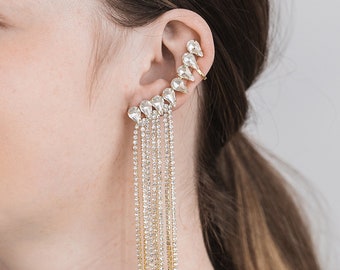 Gold Long Tassel Crystal Earrings, Anniversary Jewellery, Statement Earrings, Gold Dangle Earrings, Full Diamond Geometric Earrings, Silver