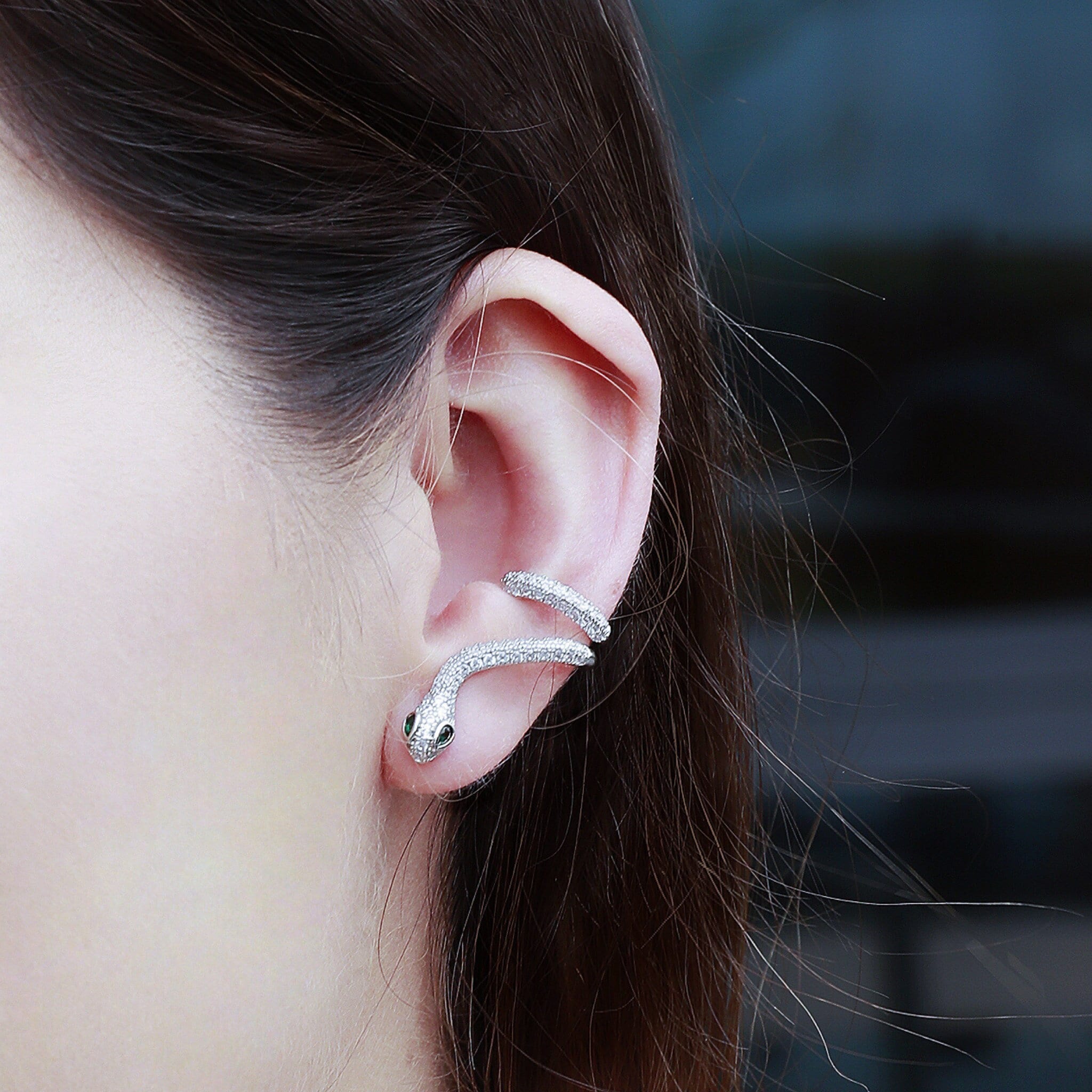 Silver Snake Earrings, Crystal Serpent Earrings, Diamond Snake Ear