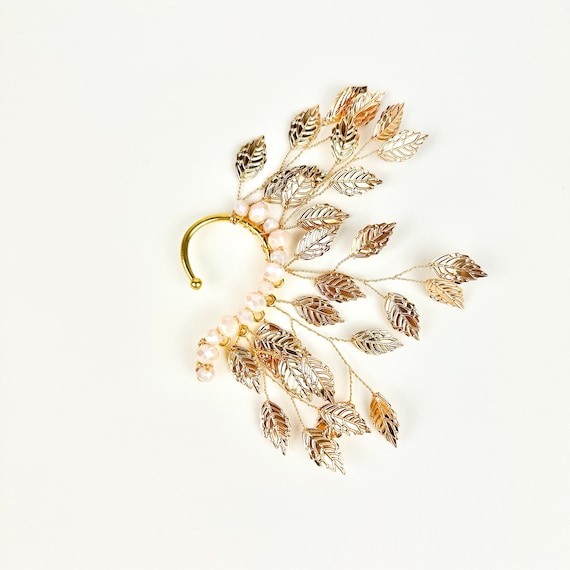 Gold Leaf Ear Wrap Hand laced Gold Ear Cuff Delicate Floral Ear