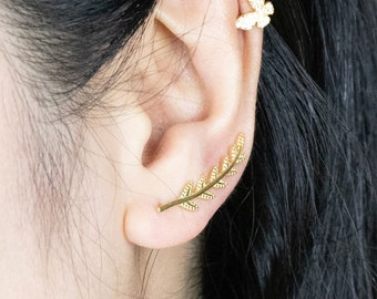 Sterling Silver Ear Climber Earrings,  Leaf Ear Crawler Earrings Gold, Bridesmaid Earrings, Gift for Girlfriend, Minimalist Ear Crawler