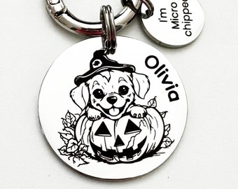 Custom Holloween Dog Tag Engraved, Personalized Spooky Dog ID Tag, Cute Halloween Pumpkin Pet Tags with Charms, Stainless Steel Pet Tag