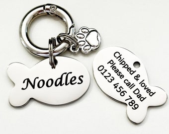 Placa de identificación para gatos, grabada con láser, de acero inoxidable, con microchip, forma de pez, resistente a la decoloración, para gatitos y gatos (Australia), con 10 años de garantía.