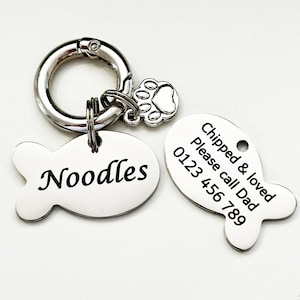 Cat Tag Laser Engraved Stainless Steel Microchipped Fish Shaped ID Name Pet Tags Non Fade for Kittens and Cats Australia w/ 10 Year Warranty