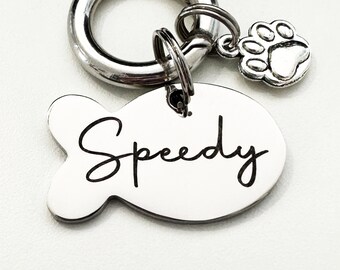Fish Shaped Cat Tag Engraved Stainless Steel\Microchipped Fish Shape ID Name Pet Tags Non Fade for Cats\Personalized Cat Tag\Gift for Cat