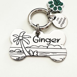 Personalised Engraved Dog Tag: Stainless Steel Bone, Tropical Beach Design Pet ID, Size S-XL
