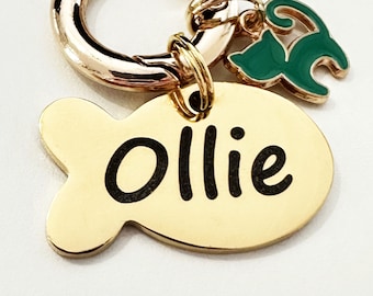 Placa de identificación personalizada para gatos, grabada en acero inoxidable, con microchip, forma de pez, resistente a la decoloración, para gatos, duradera, para collar.