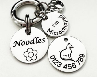 Personalized Cat Name Tag Engraved Stainless Steel/Cute Cat Tags Australia with Microchipped Add-on/Cat ID Name Tag for Large Cat/Cat Gift