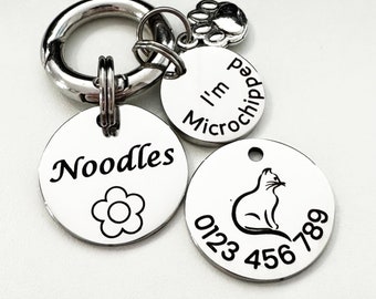 Placa de identificación personalizada para gatos grabada en acero inoxidable / Lindas placas de identificación para gatos de Australia con microchip / Placa de identificación para gatos grandes / Regalo para gatos