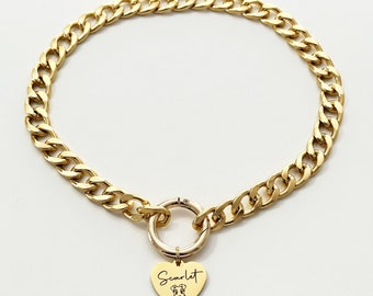 Dog Necklace Cuban Chain Link Personalized, Silver Gold Custom Size Pet Collar for Tiny Dog and Cat, Fashion Pet Jewellery with Heart ID Tag