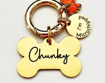 Custom Bone Dog Name Tag, Engraved Stainless Steel Pet ID with I'm Microchipped and Charm Add-on, 10-Year Warranty