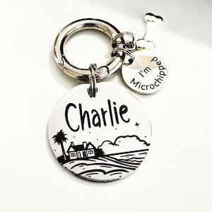 Personalised Dog Tag Round Engraved Tropical, Stainless Steel Custom Dog Tag, Pet Name ID Tag for Dog, Metal Dog Name Plate with Microchip