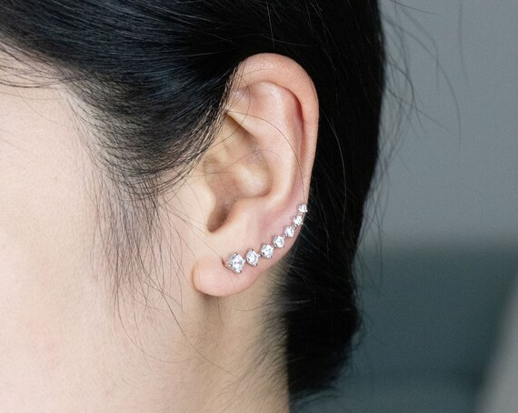 Pair of 925 Sterling Silver Descending 6 Gem Curve Ear Climber Minimal Earrings Pair of 925 Sterling Silver Descending 6 Gem Curve Ear Climber Minimal Earrings