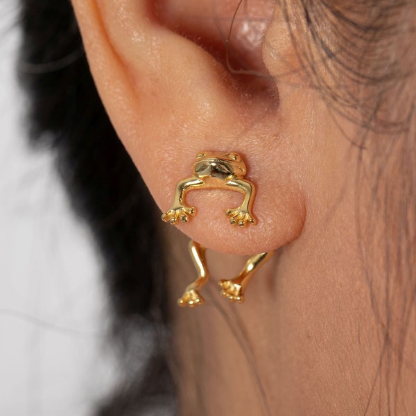 Frog Earrings Sterling Silver/3D Earrings/Frog Earrings Silver/Frog Earrings Gold/Front and Back Earrings/Ear Jacket Earrings/Gift for Him