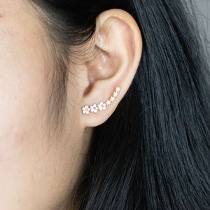 Flower Ear Climber Rose Gold in Sterling Silver, Crawler Earrings for Her, Ear Climber Stud, Climber Earrings Minimalist, Teachers Gift