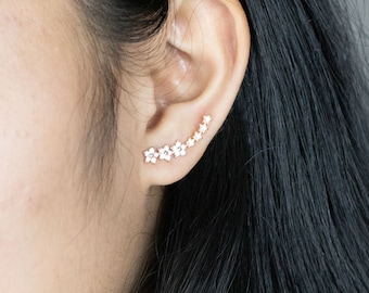 Flower Ear Climber Rose Gold in Sterling Silver, Crawler Earrings for Her, Ear Climber Stud, Climber Earrings Minimalist, Teachers Gift