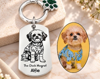 May include: A silver-toned metal pet tag featuring an engraved illustration of a small dog wearing a banana-print shirt. Below the dog, the text reads The Chick Magnet and Alfie. The tag includes a silver ring with a green crystal paw charm.