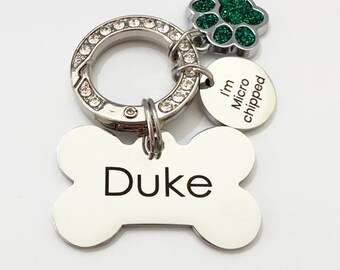 Dog ID Pet Tag Bone Shaped Personalized with Microchipped and Charm , Custom Stainless Steel Puppy Name Tag Engraved  in Silver and Gold