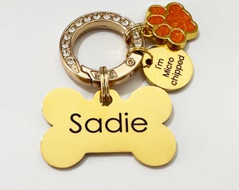 Dog ID Tags Bone Shaped Personalised, Custom Stainless Steel Pet Name Tag Engraved with Microchipped and Charm in Silver and Gold Durable