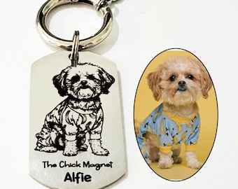 Engraved Your Pet Photo Keychain Personalized: Custom Dog Cat Portrait Keepsake Keyring Silver Gold, Remembrace Key Chain Gift