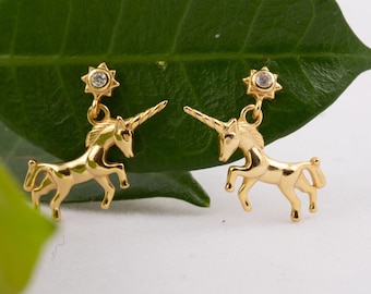 Pendientes de unicornio Pendientes colgantes de unicornio de plata de ley Unicornio para niñas Pendientes de botón de unicornio Regalo para hermana Pendientes de oro para mujer