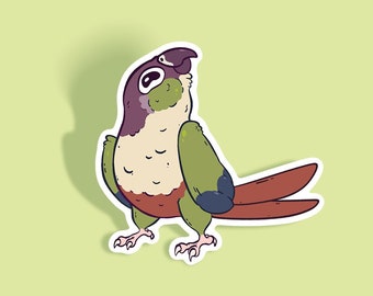 May include: A cartoon illustration of a green, brown, and purple parakeet with a white background.