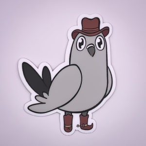 Op de afbeelding: Een grijze cartoonvogel met een rode cowboyhoed en bruine laarzen. De vogel heeft grote, ronde ogen en een kleine snavel.