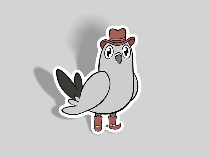 Op de afbeelding: Een grijze cartoon-duif met een rode cowboyhoed en bruine laarzen met een ster op elke laars.