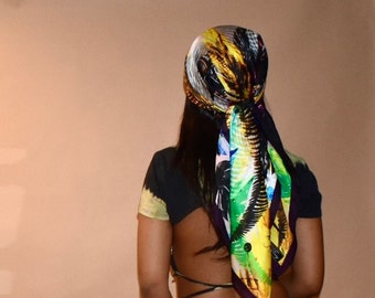 Feathered Print 100% Mulberry Silk Scarf, Head Wrap, 40x40