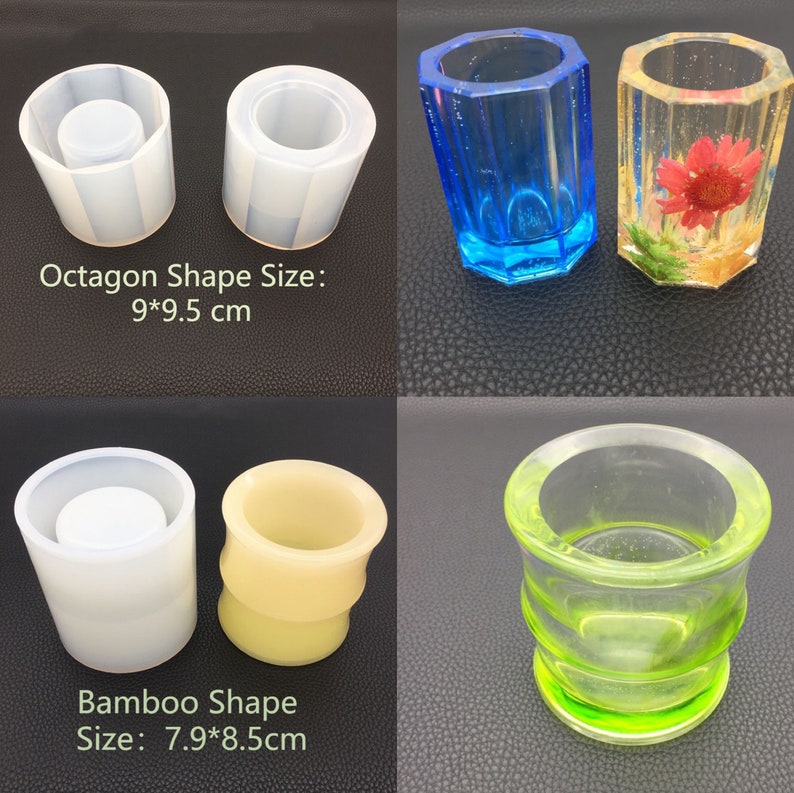 May include: Image features various resin molds and finished resin shot glasses. The molds are white and include octagon and bamboo shapes. Finished shot glasses are blue, yellow with a flower, and green. The octagon molds are 9 cm by 9.5 cm. The bamboo molds are 7.9 cm by 8.5 cm.
